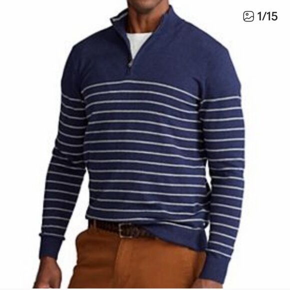 Chap's NWT SZ XXL Mens Navy Stripe 1/4 Zip Sweater Preppy Old Money Office - Picture 1 of 11